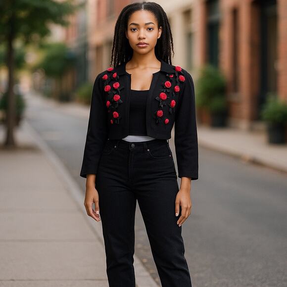Forenza Gothic Rose Cropped Jacket Medium Black Red Rose Embellished - Picture 1 of 6